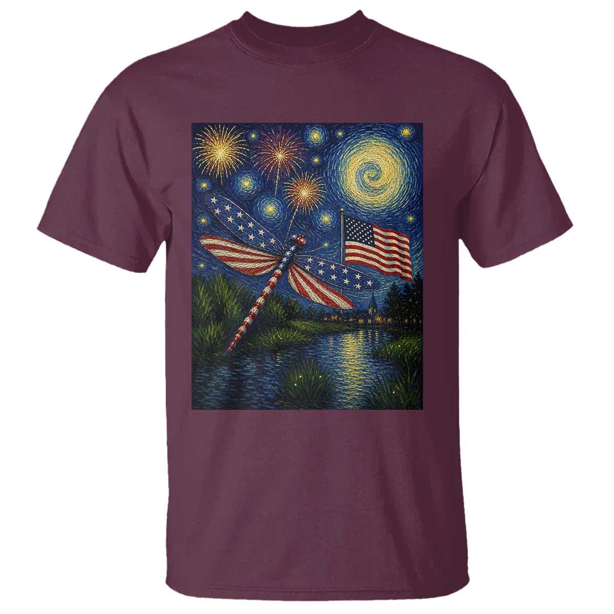 Patriotic Dragonfly Starry Night Swirls T Shirt Nature Lovers