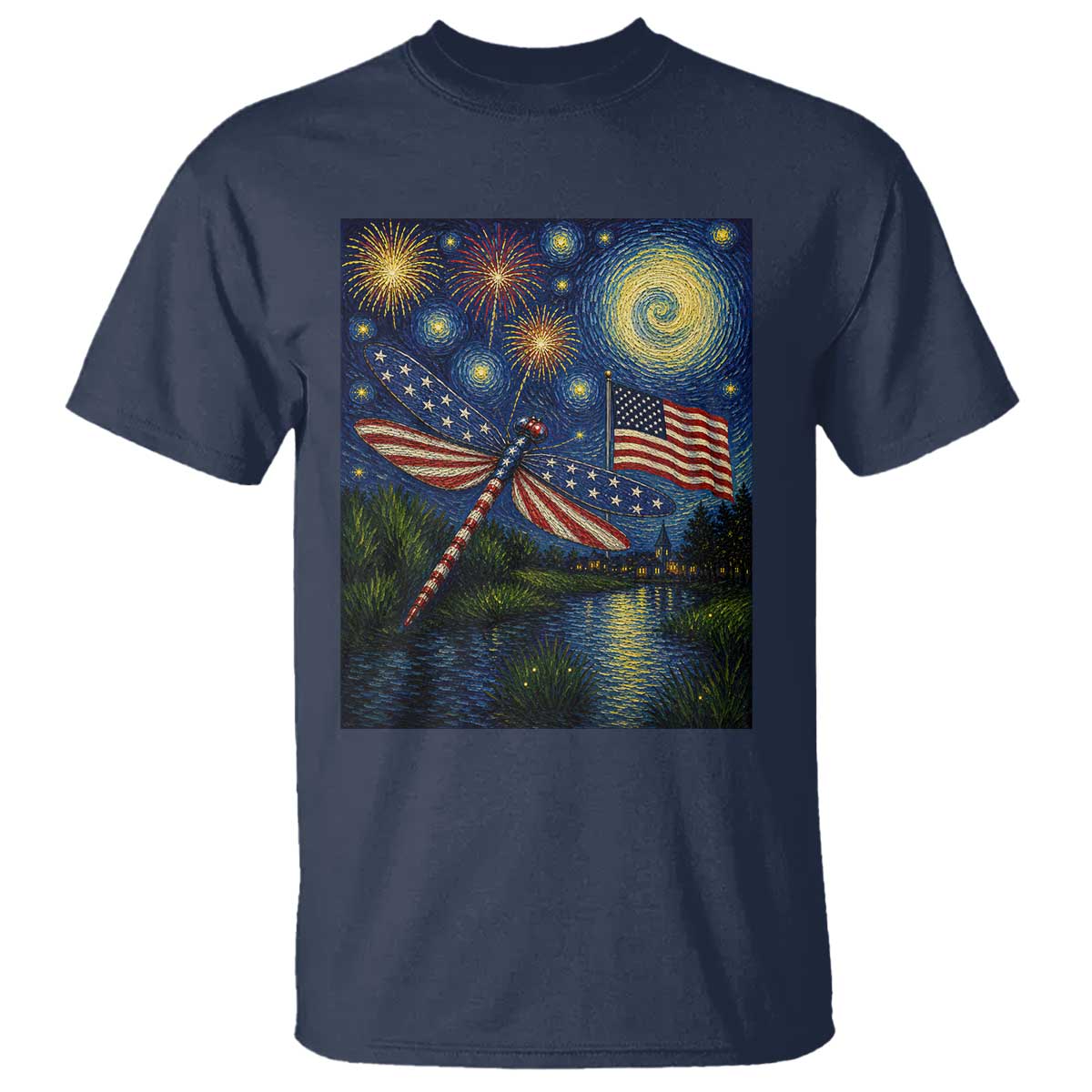 Patriotic Dragonfly Starry Night Swirls T Shirt Nature Lovers