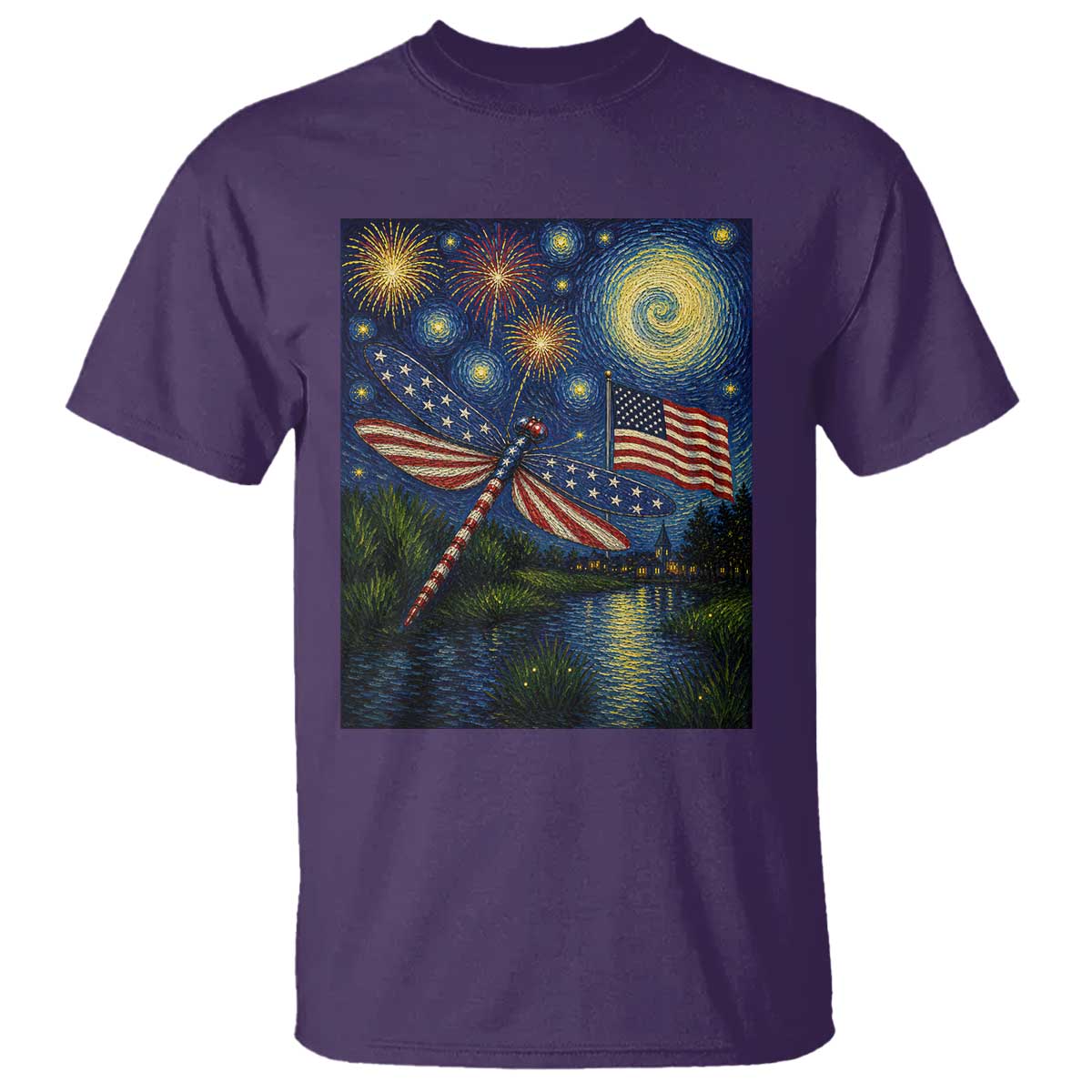 Patriotic Dragonfly Starry Night Swirls T Shirt Nature Lovers