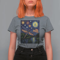 Patriotic Dragonfly Starry Night Swirls T Shirt For Women Nature Lovers