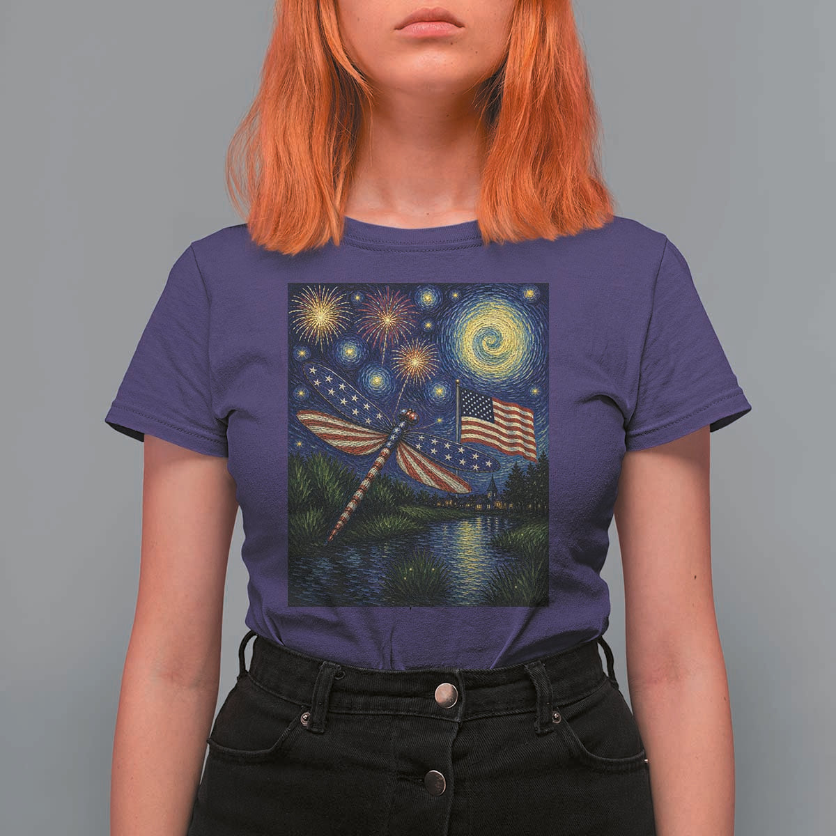 Patriotic Dragonfly Starry Night Swirls T Shirt For Women Nature Lovers
