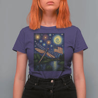 Patriotic Dragonfly Starry Night Swirls T Shirt For Women Nature Lovers
