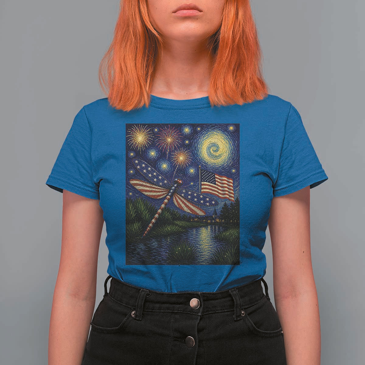 Patriotic Dragonfly Starry Night Swirls T Shirt For Women Nature Lovers