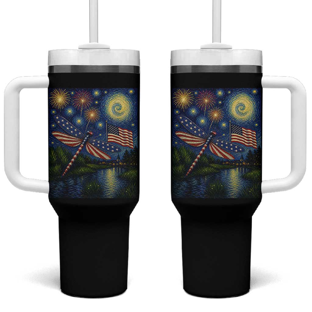 Patriotic Dragonfly Starry Night Swirls Tumbler With Handle Nature Lovers