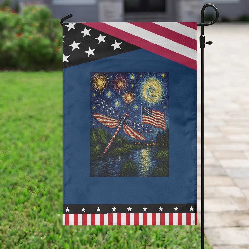 Red White And Blue Dragonfly Starry Night Swirls Patriotic Garden Flag Nature Lovers