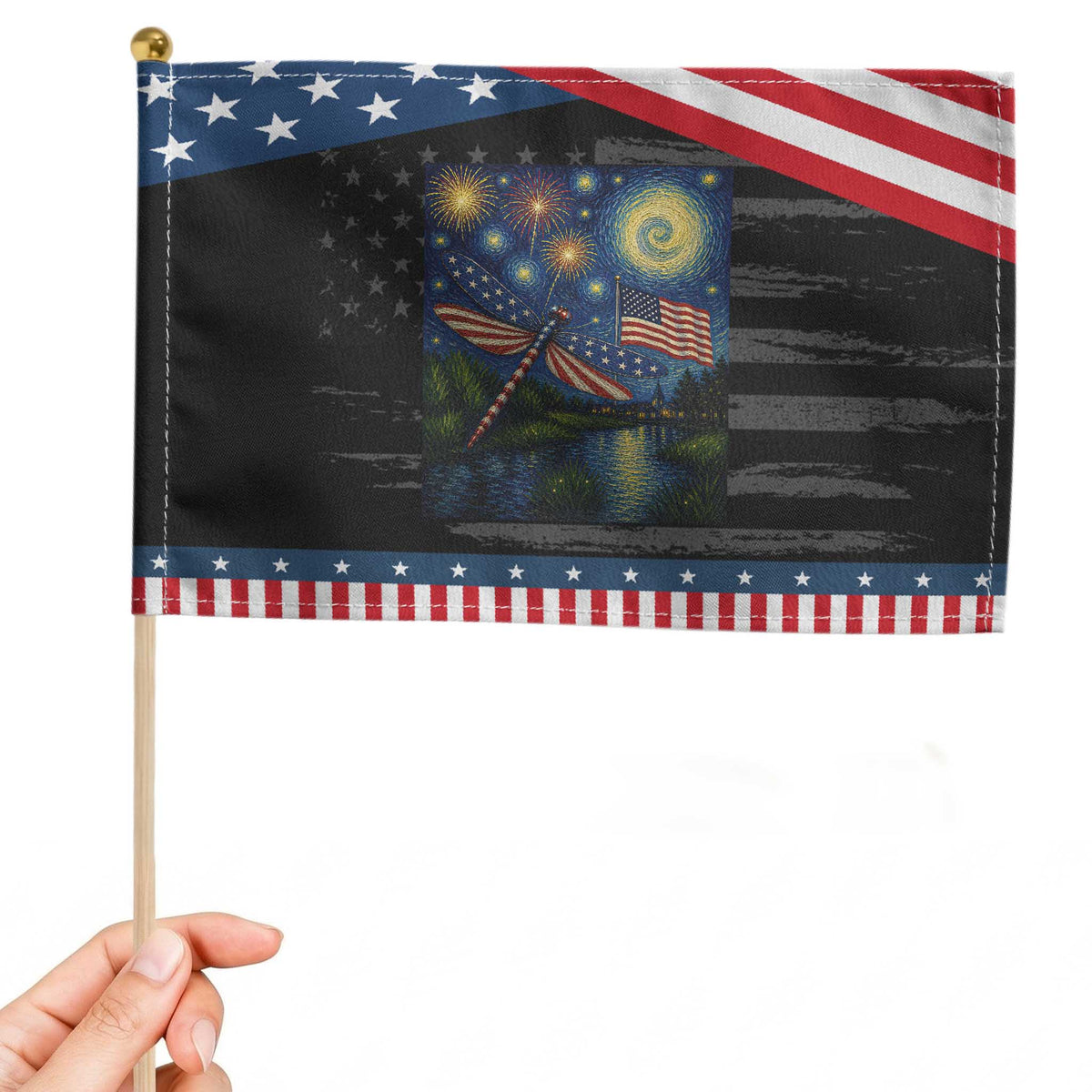 Red White And Blue Dragonfly Starry Night Swirls Patriotic Handheld Flag Nature Lovers