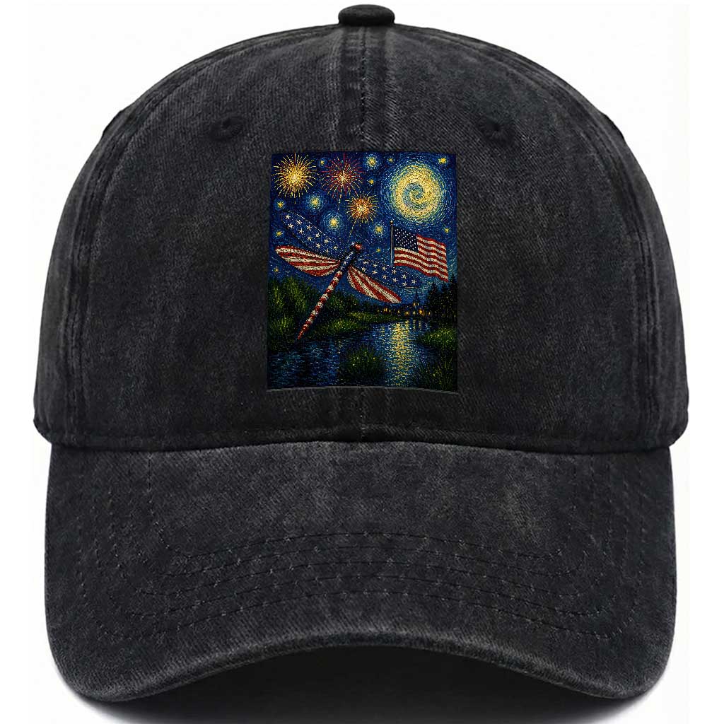 Patriotic Dragonfly Starry Night Swirls Washed Cotton Baseball Cap Nature Lovers