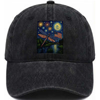 Patriotic Dragonfly Starry Night Swirls Washed Cotton Baseball Cap Nature Lovers