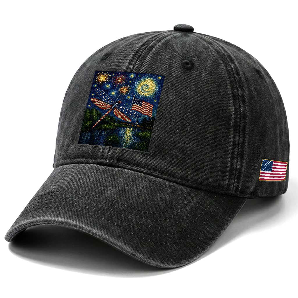 Patriotic Dragonfly Starry Night Swirls Washed Cotton Baseball Cap Nature Lovers
