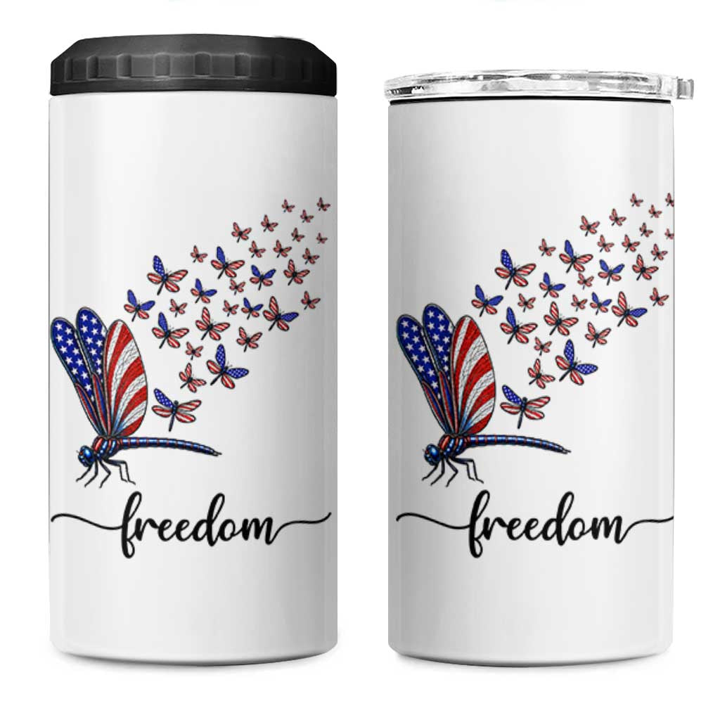 Freedom Dragonfly American Flag 4th Of July 4 in 1 Can Cooler Tumbler Patriotic Nature Lover Graphic