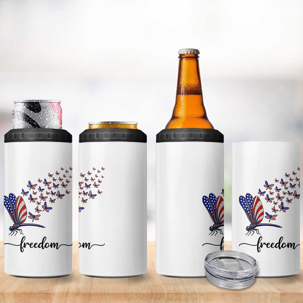 Freedom Dragonfly American Flag 4th Of July 4 in 1 Can Cooler Tumbler Patriotic Nature Lover Graphic