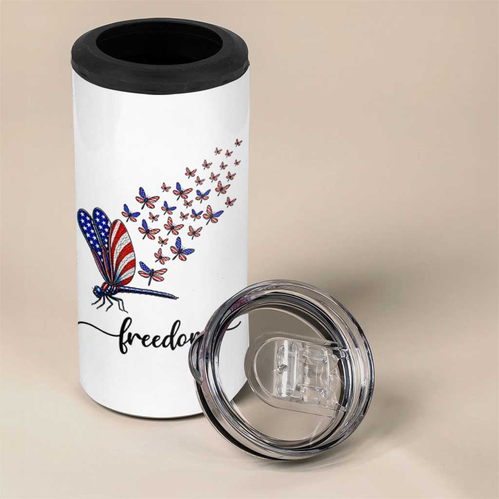 Freedom Dragonfly American Flag 4th Of July 4 in 1 Can Cooler Tumbler Patriotic Nature Lover Graphic