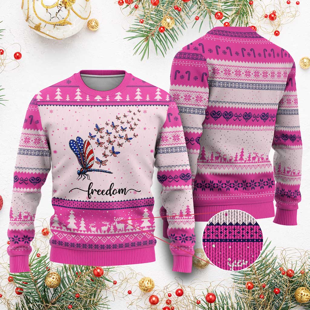 Freedom Dragonfly American Flag 4th Of July Ugly Christmas Sweater Patriotic Nature Lover Graphic