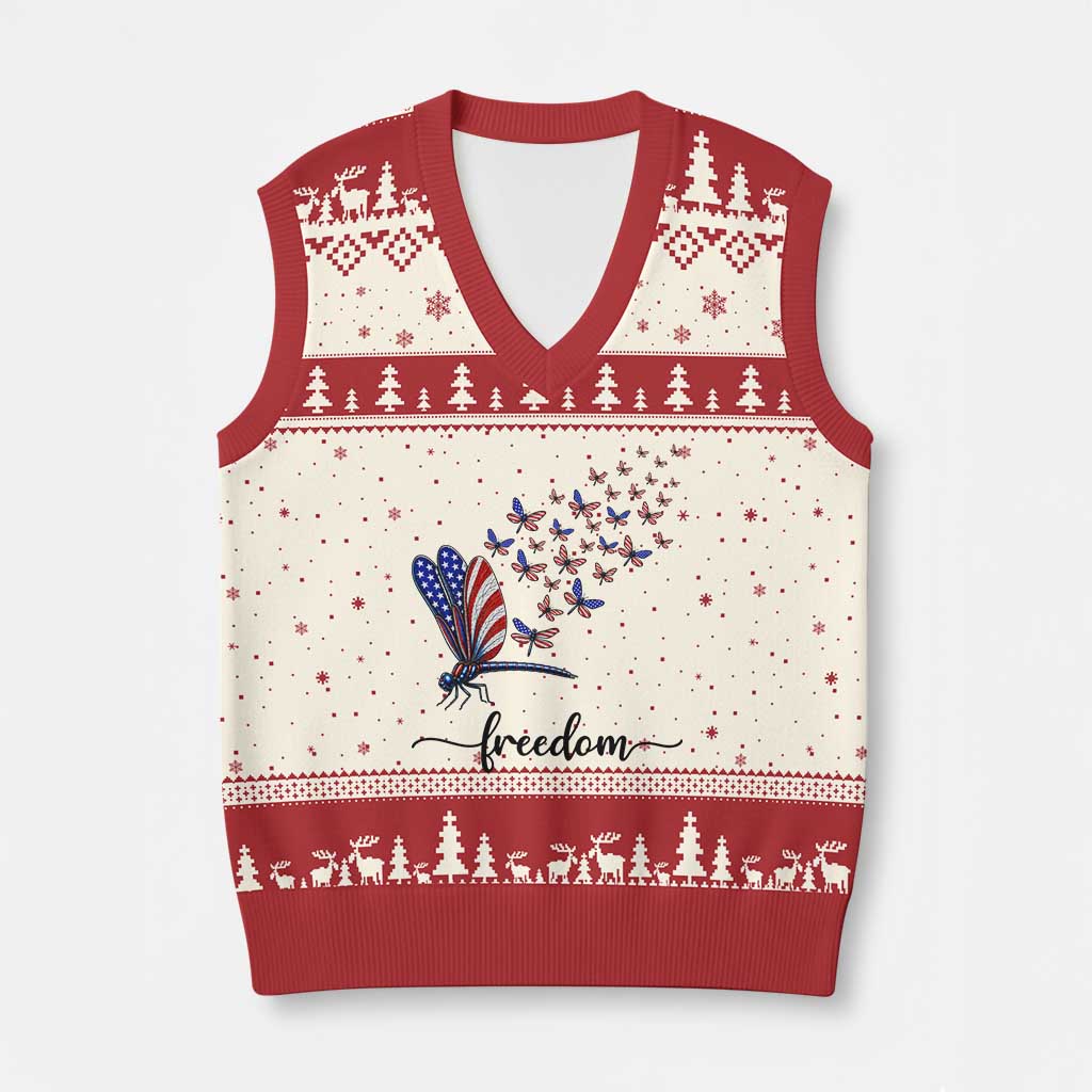 Freedom Dragonfly American Flag 4th Of July V-Neck Knit Sweater Vest Patriotic Nature Lover Graphic