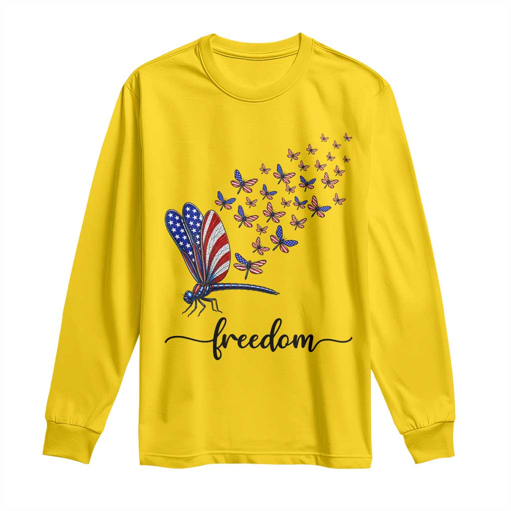 Freedom Dragonfly American Flag 4th Of July Long Sleeve Shirt Patriotic Nature Lover Graphic