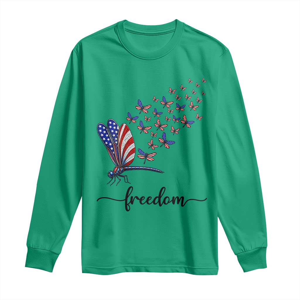 Freedom Dragonfly American Flag 4th Of July Long Sleeve Shirt Patriotic Nature Lover Graphic