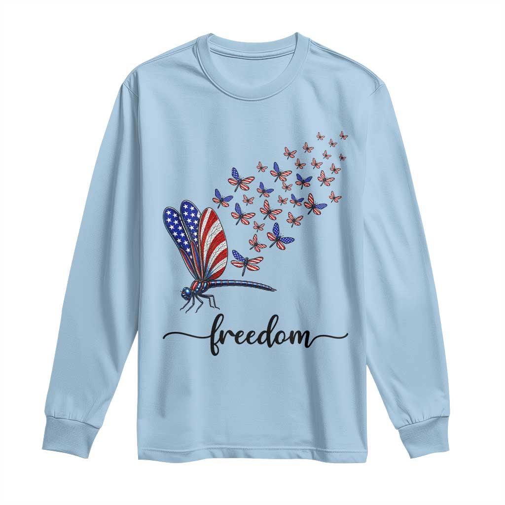 Freedom Dragonfly American Flag 4th Of July Long Sleeve Shirt Patriotic Nature Lover Graphic