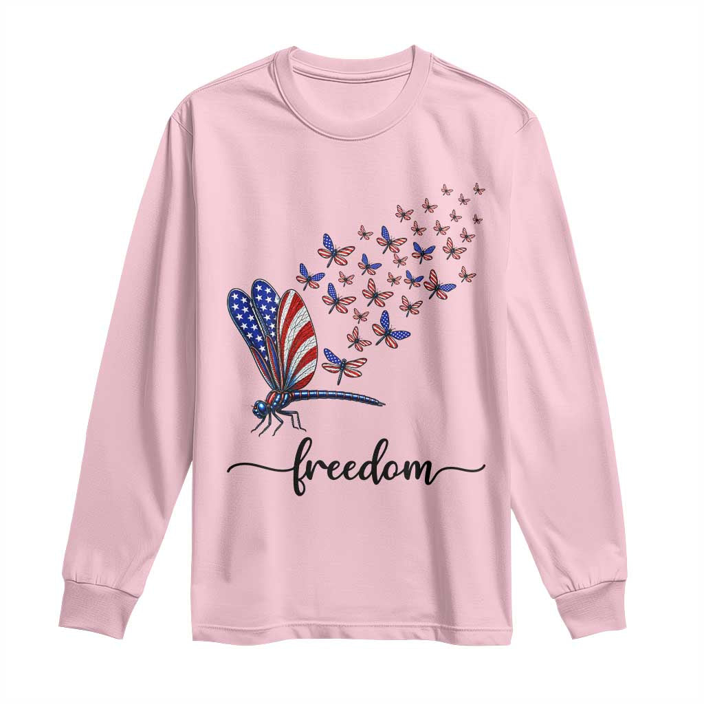 Freedom Dragonfly American Flag 4th Of July Long Sleeve Shirt Patriotic Nature Lover Graphic