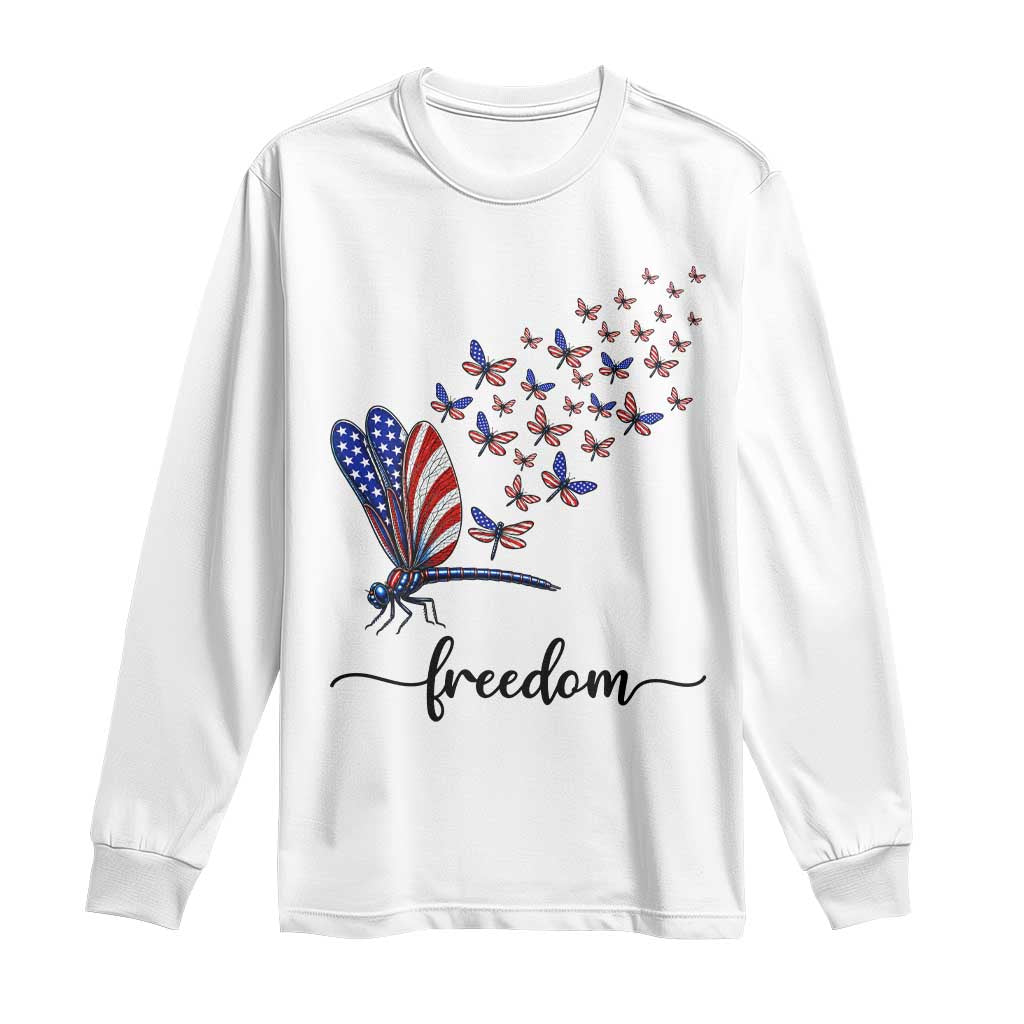 Freedom Dragonfly American Flag 4th Of July Long Sleeve Shirt Patriotic Nature Lover Graphic