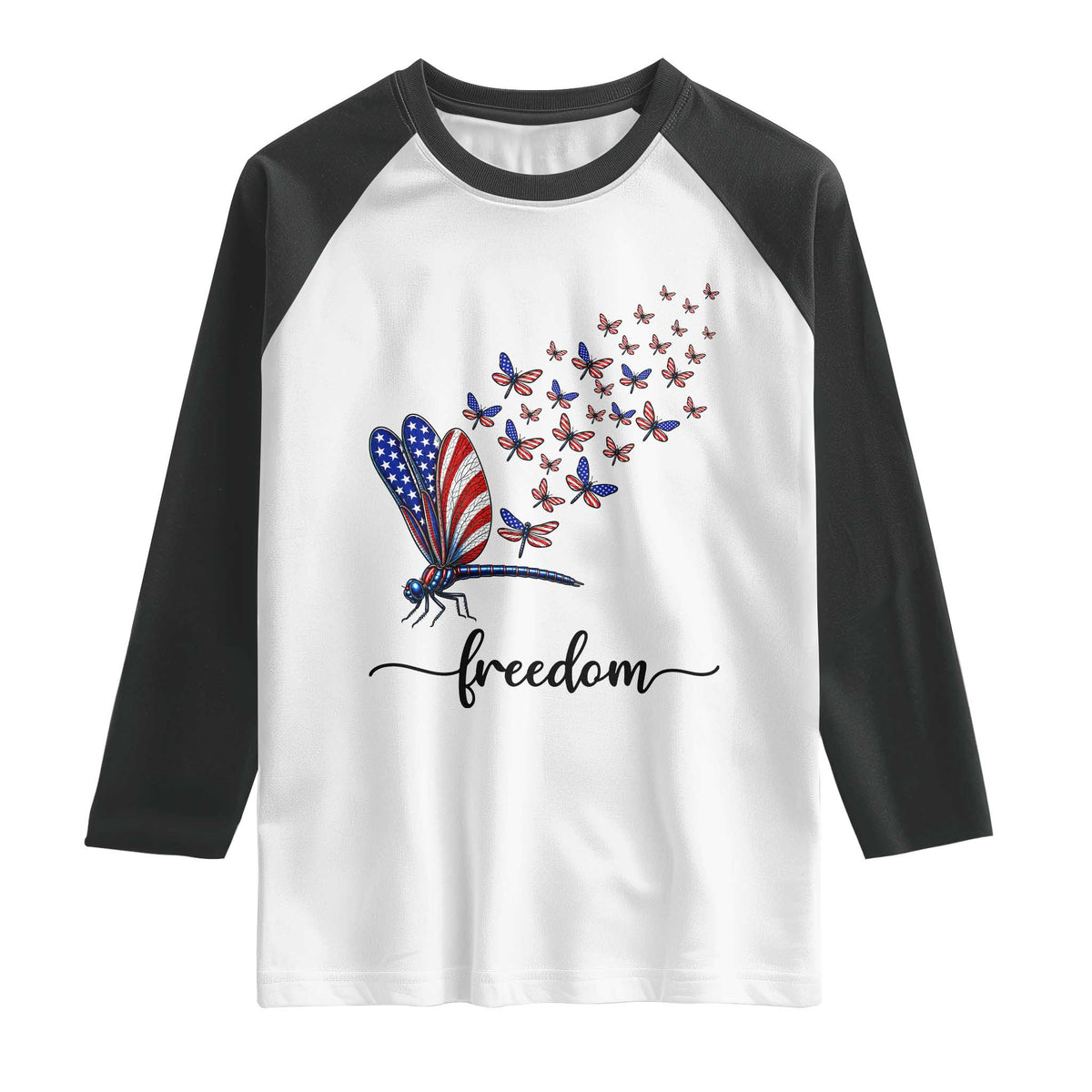 Freedom Dragonfly American Flag 4th Of July Raglan Shirt Patriotic Nature Lover Graphic