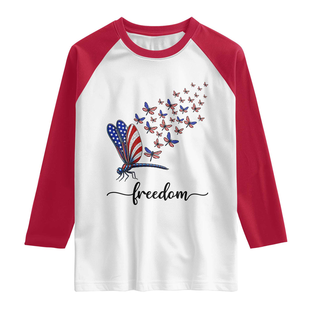 Freedom Dragonfly American Flag 4th Of July Raglan Shirt Patriotic Nature Lover Graphic