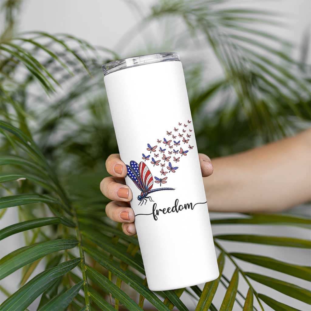 Freedom Dragonfly American Flag 4th Of July Skinny Tumbler Patriotic Nature Lover Graphic