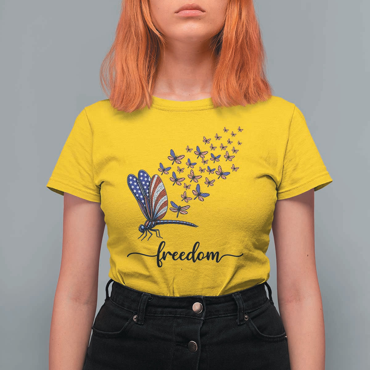 Freedom Dragonfly American Flag 4th Of July T Shirt For Women Patriotic Nature Lover Graphic
