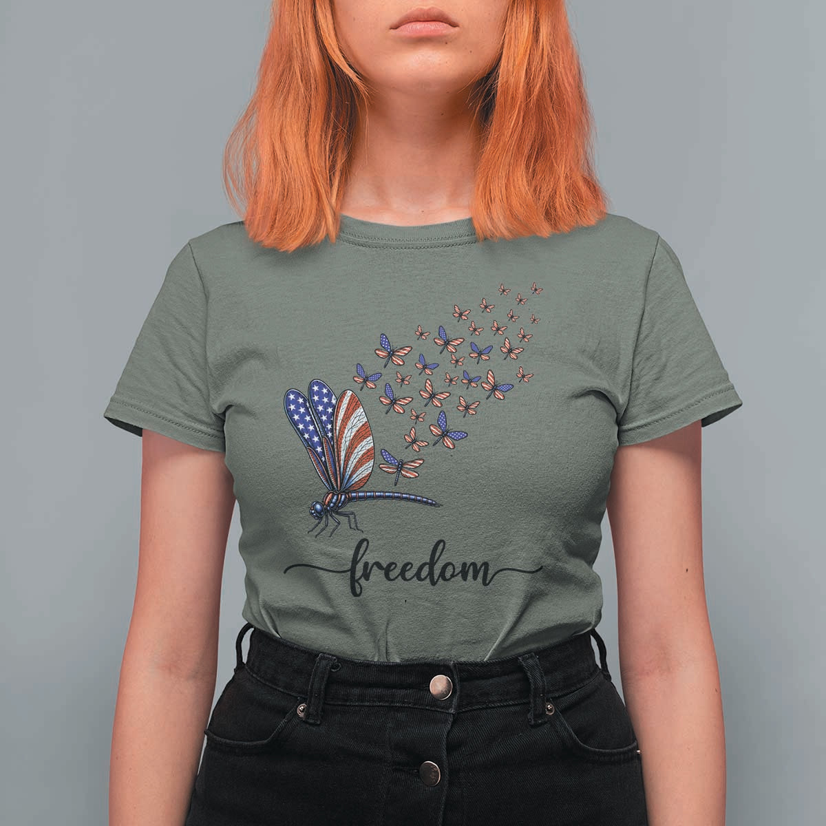 Freedom Dragonfly American Flag 4th Of July T Shirt For Women Patriotic Nature Lover Graphic