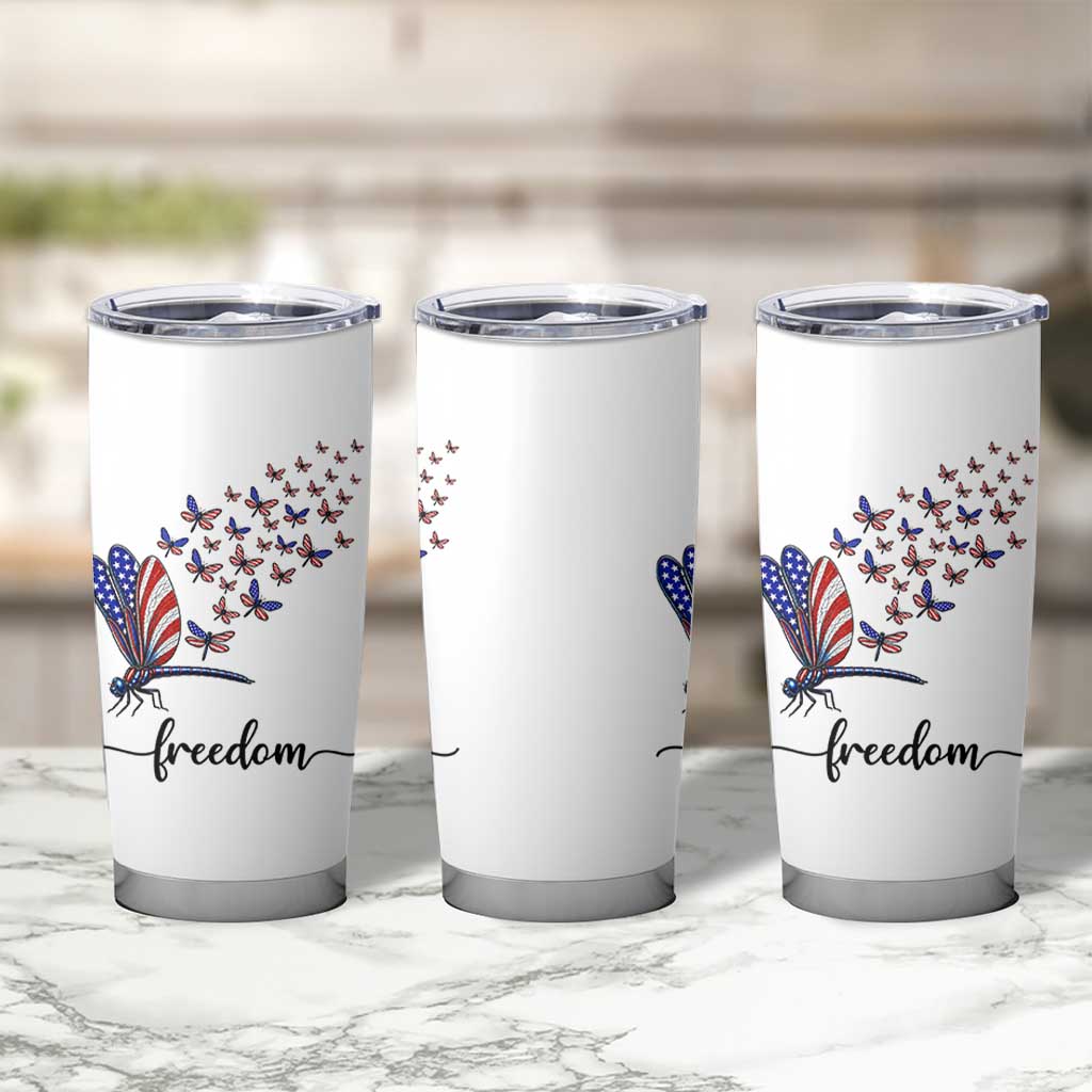Freedom Dragonfly American Flag 4th Of July Tumbler Cup Patriotic Nature Lover Graphic