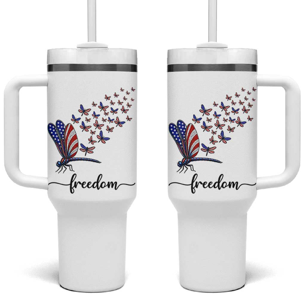 Freedom Dragonfly American Flag 4th Of July Tumbler With Handle Patriotic Nature Lover Graphic