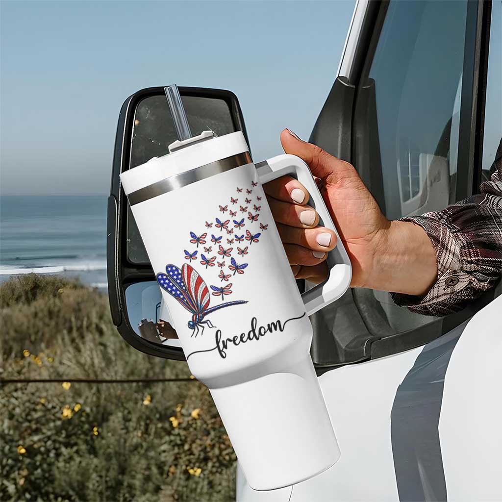 Freedom Dragonfly American Flag 4th Of July Tumbler With Handle Patriotic Nature Lover Graphic
