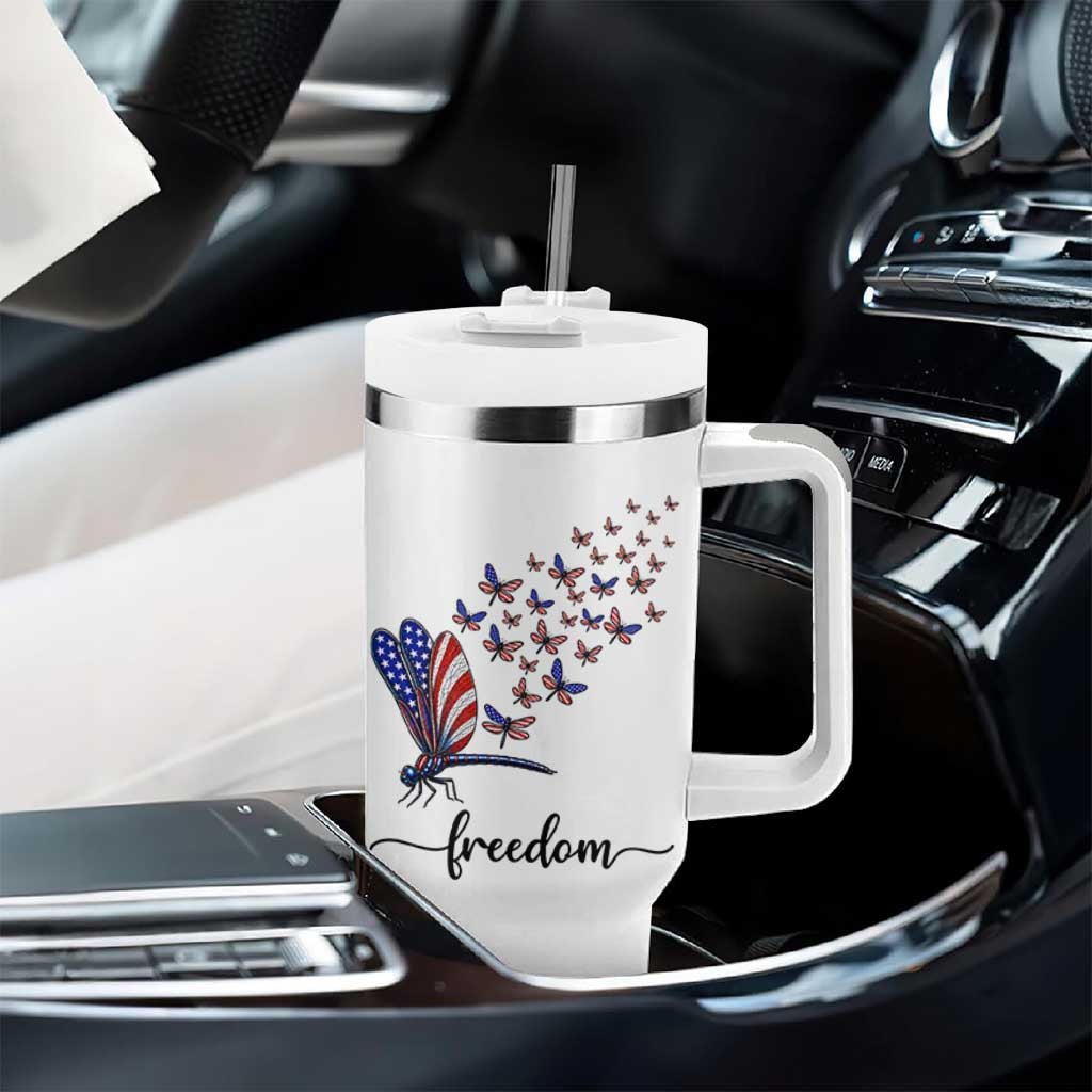 Freedom Dragonfly American Flag 4th Of July Tumbler With Handle Patriotic Nature Lover Graphic