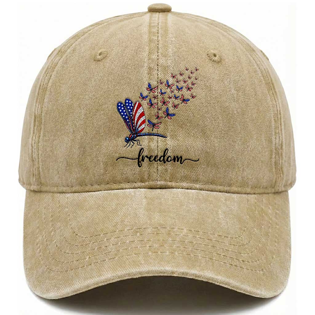 Freedom Dragonfly American Flag 4th Of July Washed Cotton Baseball Cap Patriotic Nature Lover Graphic