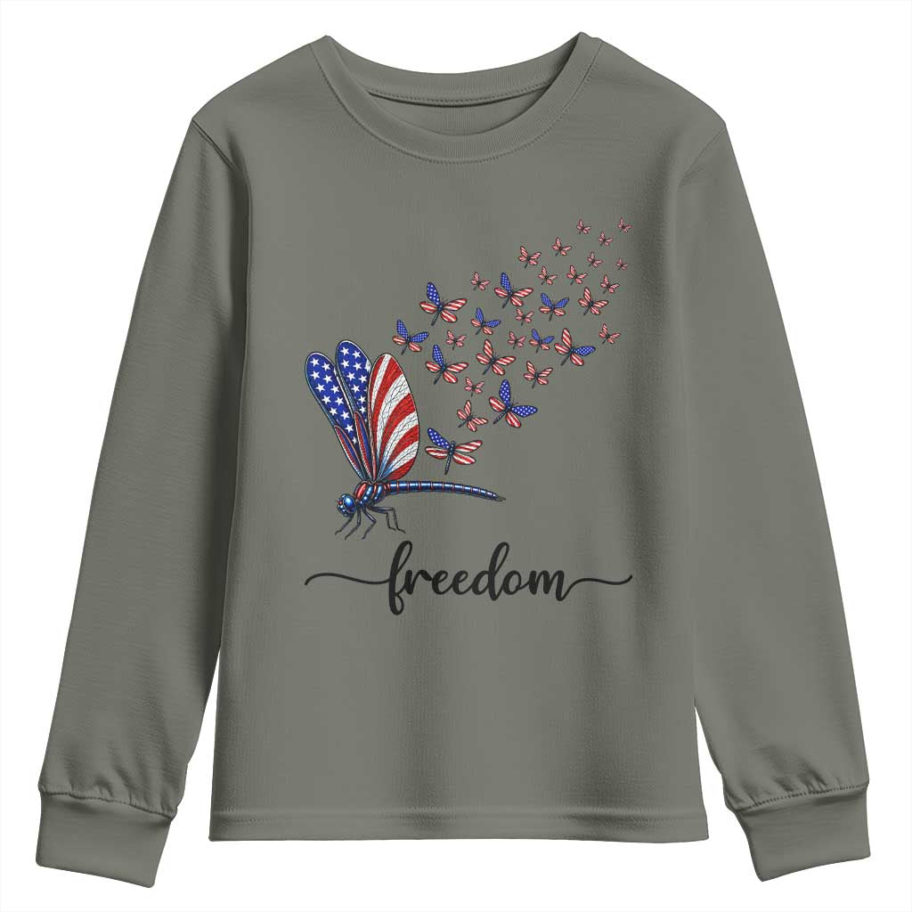 Freedom Dragonfly American Flag 4th Of July Youth Sweatshirt Patriotic Nature Lover Graphic