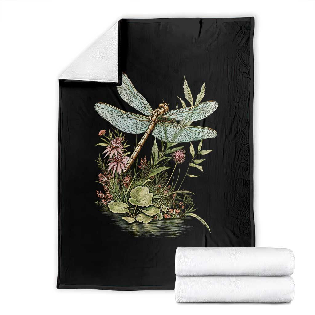Vintage Botanical Wildflower Dragonfly Throw Blanket Boho Retro Cottagecore