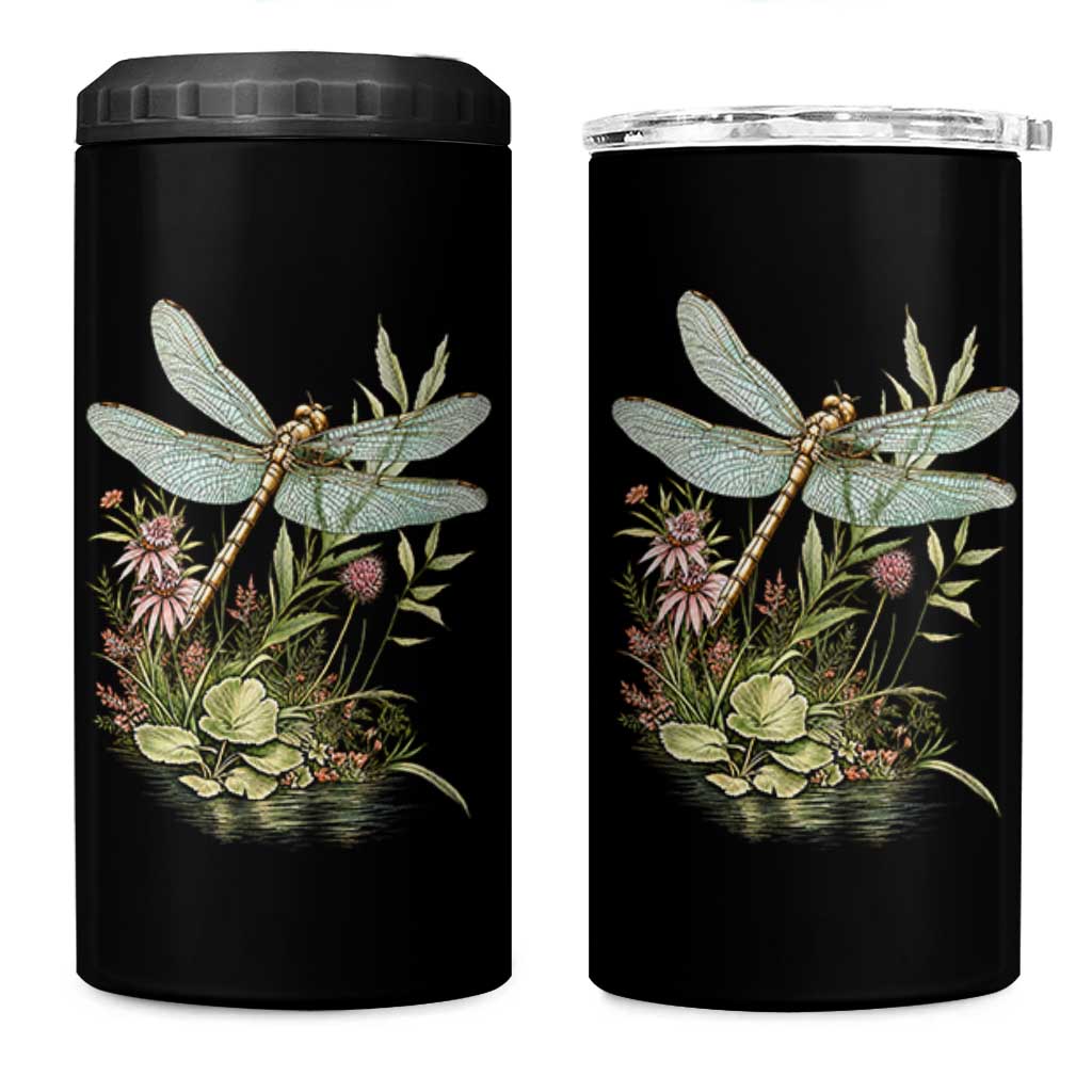 Vintage Botanical Wildflower Dragonfly 4 in 1 Can Cooler Tumbler Boho Retro Cottagecore