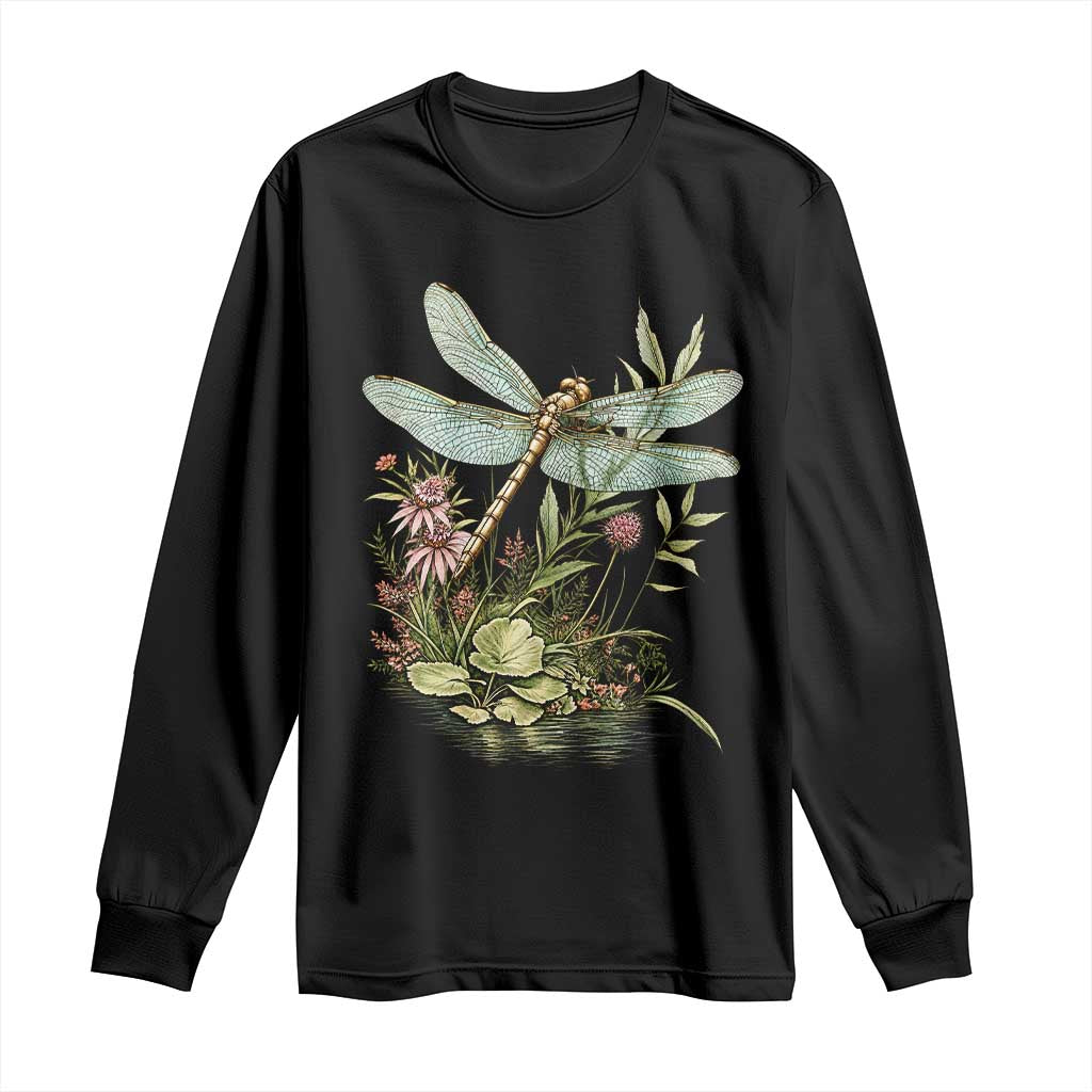 Vintage Botanical Wildflower Dragonfly Long Sleeve Shirt Boho Retro Cottagecore