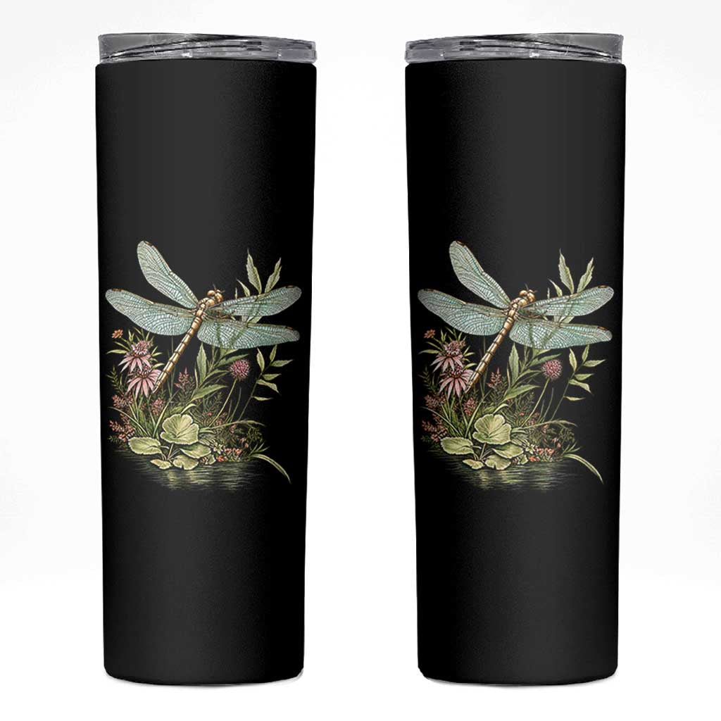 Vintage Botanical Wildflower Dragonfly Skinny Tumbler Boho Retro Cottagecore