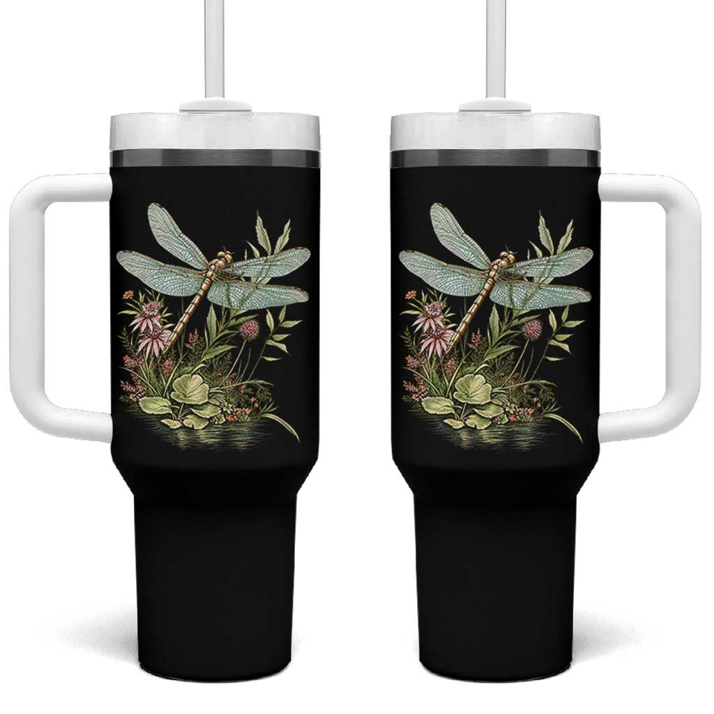 Vintage Botanical Wildflower Dragonfly Tumbler With Handle Boho Retro Cottagecore