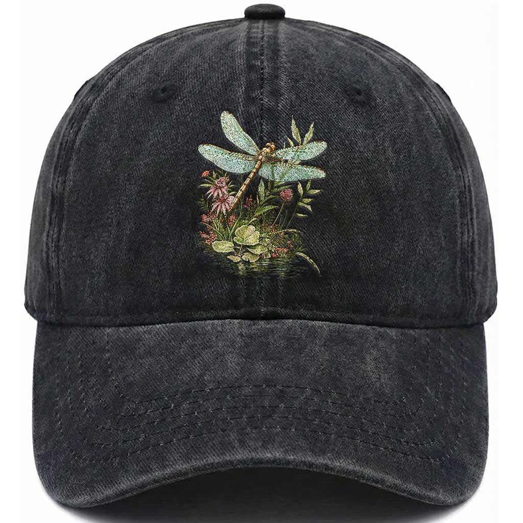 Vintage Botanical Wildflower Dragonfly Washed Cotton Baseball Cap Boho Retro Cottagecore