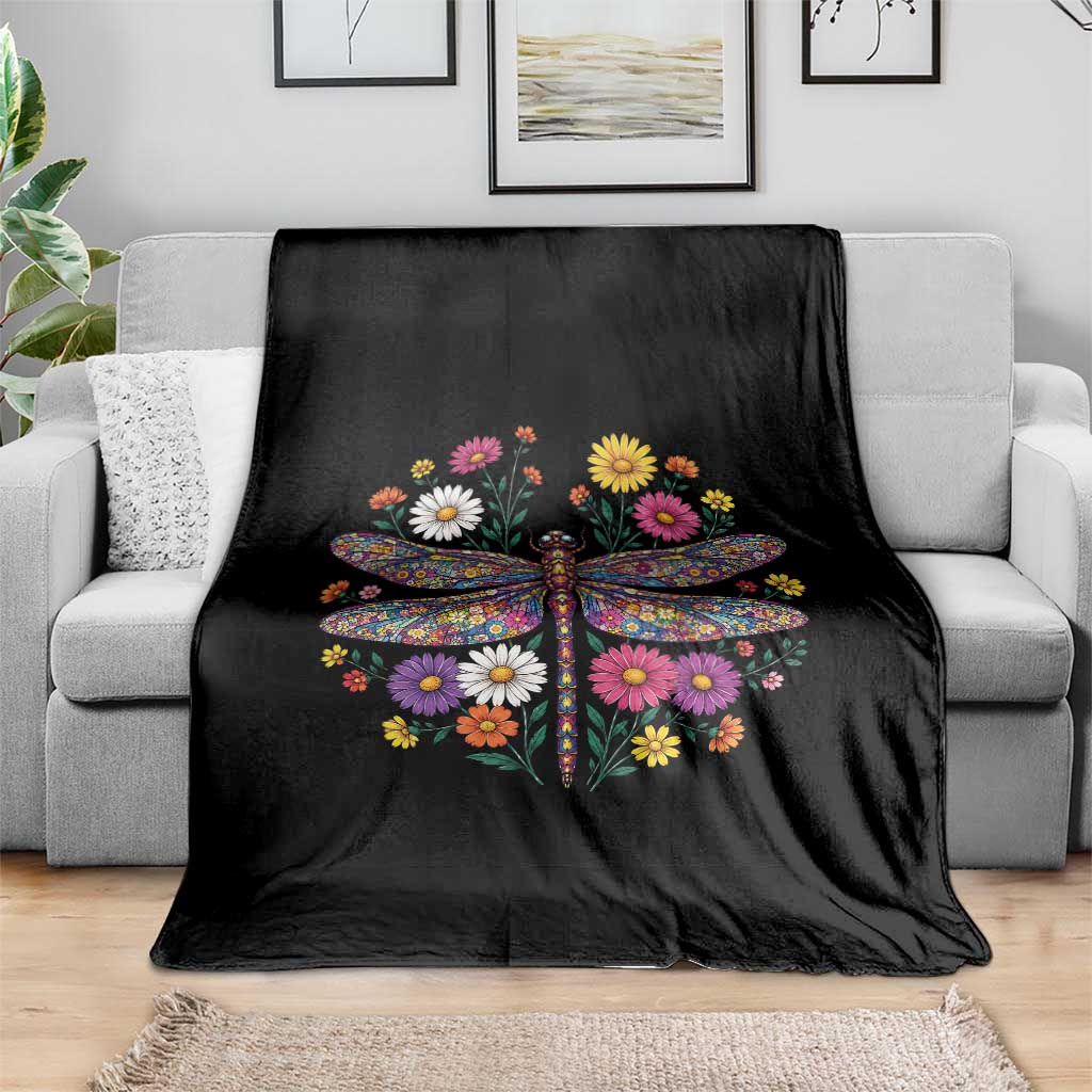 Boho Floral Spring Dragonfly Throw Blanket Colorful Mosaic Insect