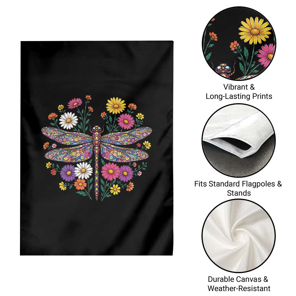 Boho Floral Spring Dragonfly Garden Flag Colorful Mosaic Insect