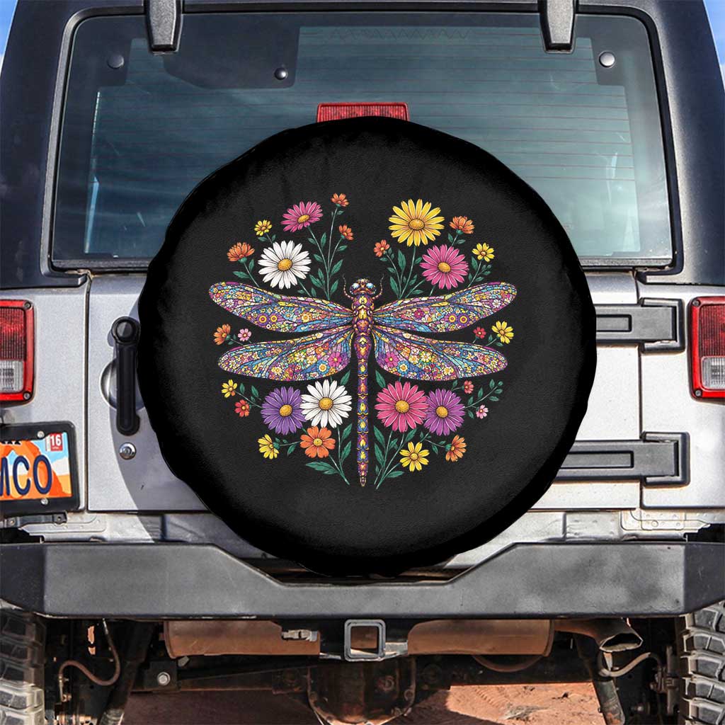 Boho Floral Spring Dragonfly Spare Tire Cover Colorful Mosaic Insect