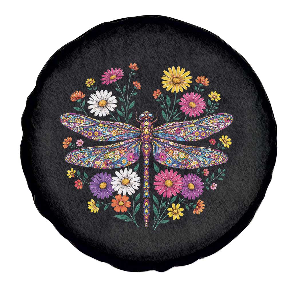 Boho Floral Spring Dragonfly Spare Tire Cover Colorful Mosaic Insect