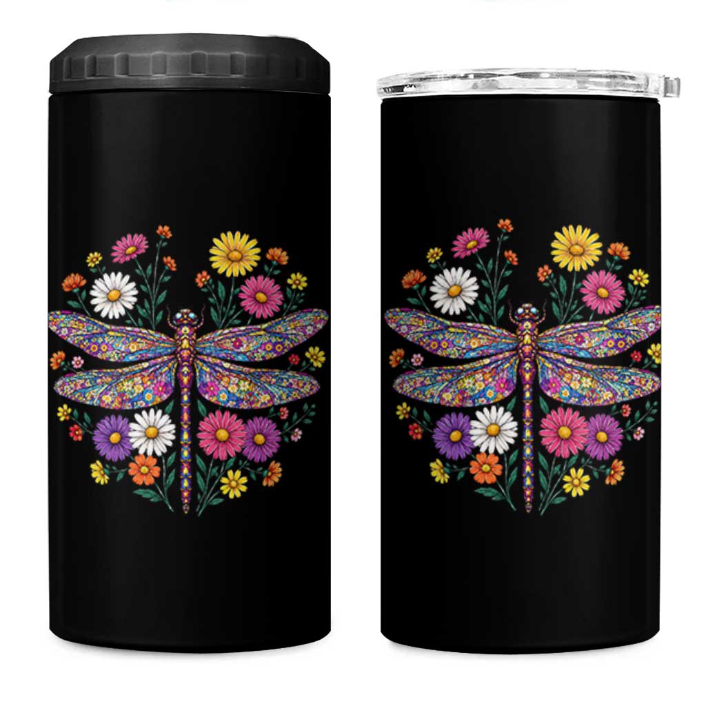 Boho Floral Spring Dragonfly 4 in 1 Can Cooler Tumbler Colorful Mosaic Insect