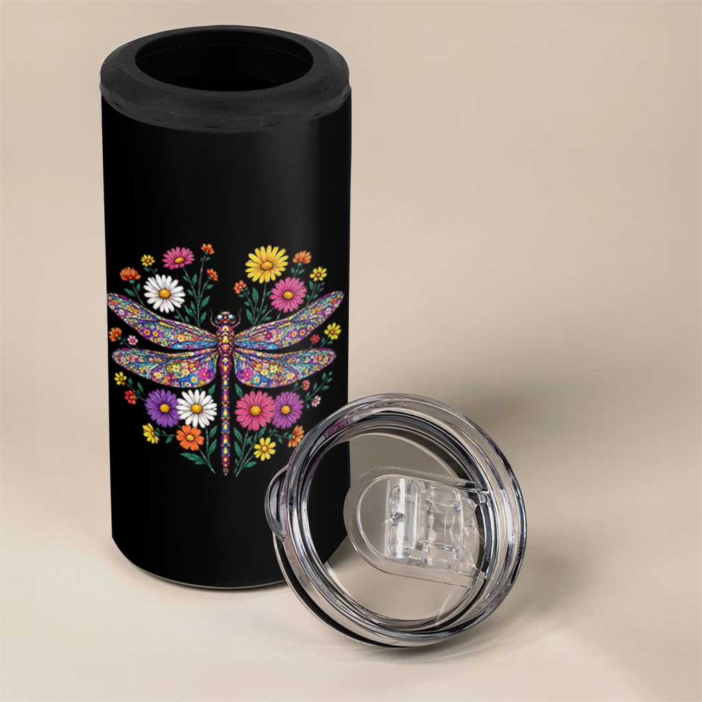Boho Floral Spring Dragonfly 4 in 1 Can Cooler Tumbler Colorful Mosaic Insect