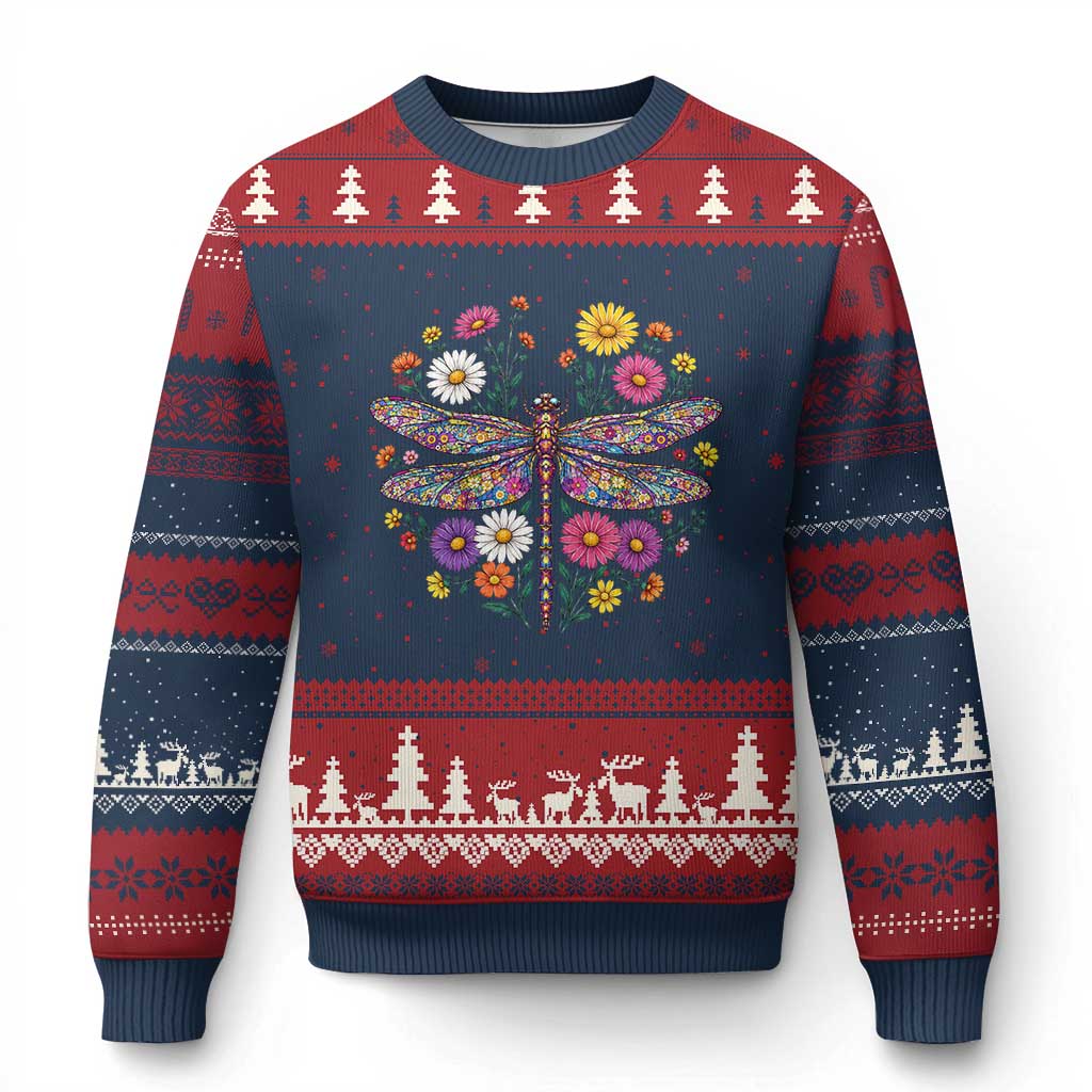 Boho Floral Spring Dragonfly Ugly Christmas Sweater Colorful Mosaic Insect
