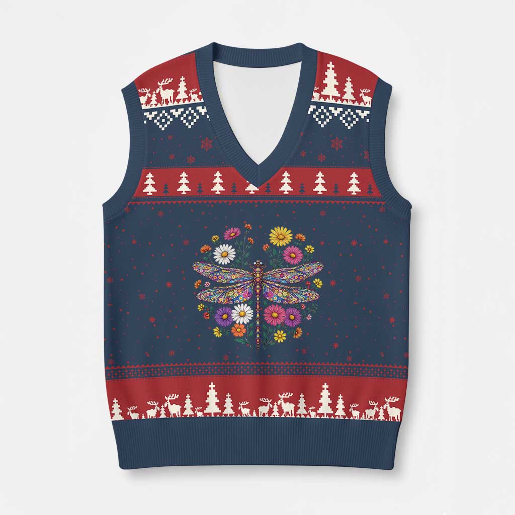 Boho Floral Spring Dragonfly V-Neck Knit Sweater Vest Colorful Mosaic Insect