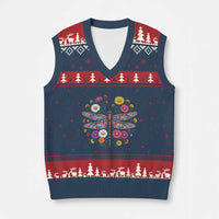 Boho Floral Spring Dragonfly V-Neck Knit Sweater Vest Colorful Mosaic Insect