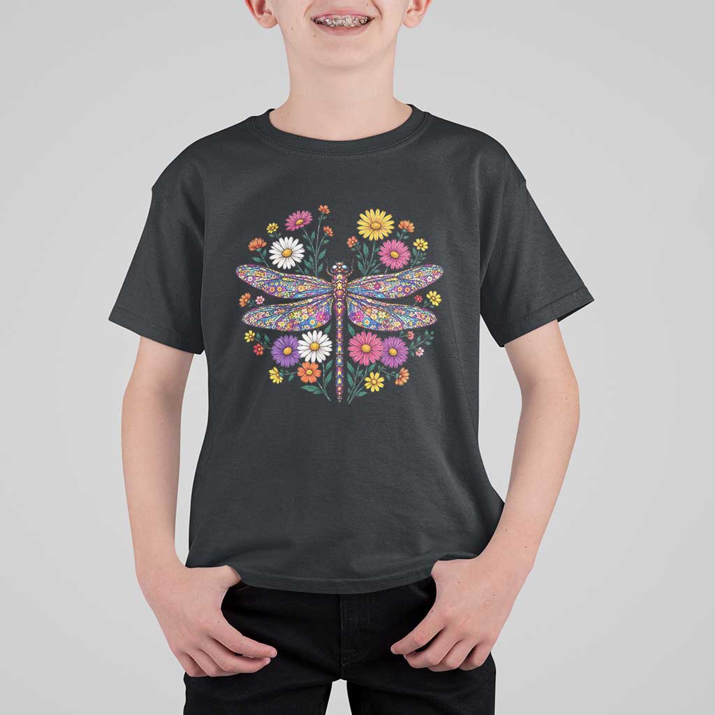 Boho Floral Spring Dragonfly T Shirt For Kid Colorful Mosaic Insect